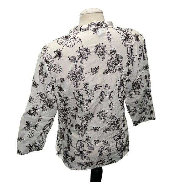 Charter Club Womens White & Black Floral Embroidered Cotton Button-Down Blouse S - Picture 2 of 13